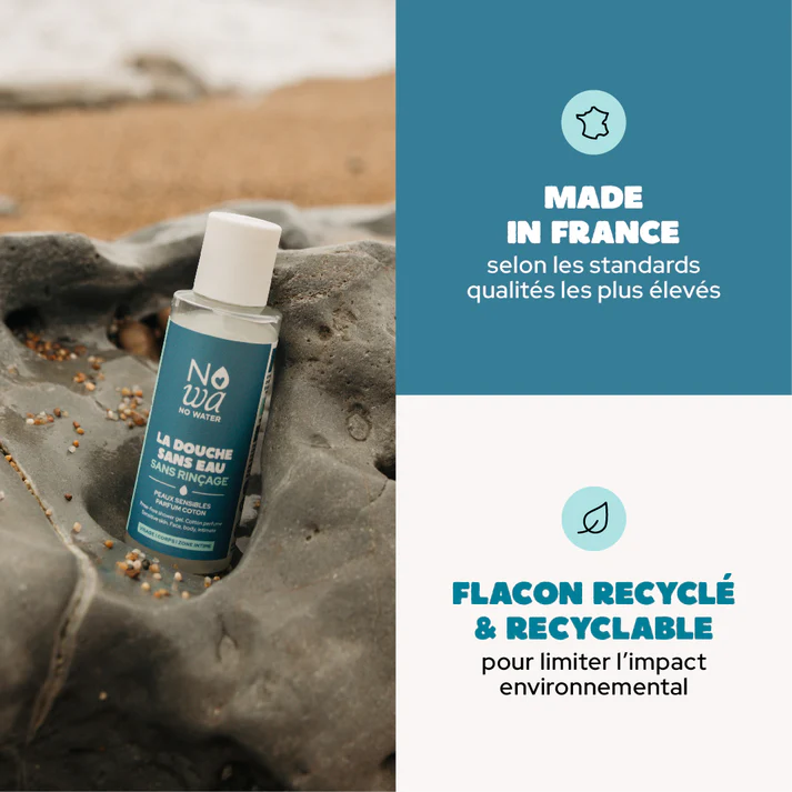 gel douche Nowa No Water sans eau et sans rinçage, fabriqué en France dans un emballage recyclé et recyclable.