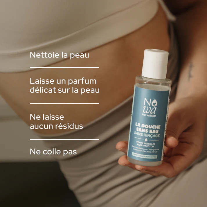 gel douche Nowa No Water sans eau et sans rinçage. Il nettoie la peau et ne laisse aucun résidus.